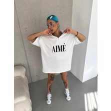 Unisex Yarım Fermuarlı Baskılı T-Shirt - Beyaz