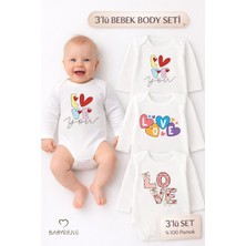 Babyden's Love Temalı 3’lü Bebek Body Seti %100 Pamuk Uzun Kollu Çıtçıtlı Bebek Zıbını 0-24 Ay