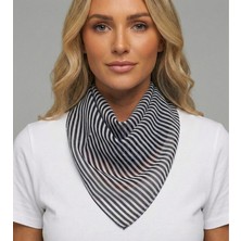 Jz Moda Siyah Beyaz Çizgili Şifon Fular - Kare Boyun Fuları ve Çanta Aksesuarı (50X50CM)
