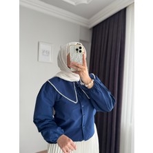 Rfk Butik Kadın Bebe Yaka Incili Etek Üstü Tasarım Gömlek - Lacivert
