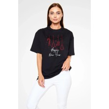 Pazarcan Unisex Bisiklet Yaka Baskılı Oversize T-Shirt - Siyah