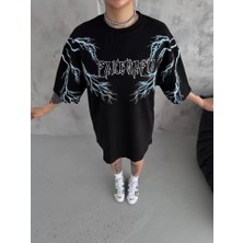 Pazarcan Unisex Bisiklet Yaka Baskılı Oversize T-Shirt - Siyah