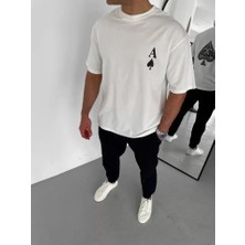 Pazarcan Unisex Bisiklet Yaka Baskılı Oversize T-Shirt - Beyaz