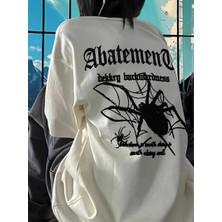 Tarz Yeri Örümcek Ağı Desenli Baskılı Oversize Bisiklet Yaka T-Shirt  - Beyaz