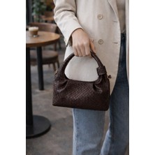 Densila Kadın Desenli Kahverengi Mini Zincirli El ve Omuz Çantası