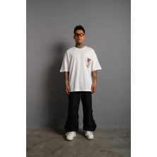 Pazarcan Erkek Sırt Baskılı A Kalite Oversize T-Shirt - Beyaz