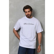 Pazarcan Unisex Bisiklet Yaka Baskılı Oversize T-Shirt - Beyaz