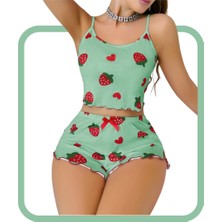 Zarvia Çilek Desenli Yeşil Şort Askılı Crop Pijama Takım %100 Pamuk