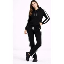 Pazarcan Kadin Yandan Şeritli Eşofman Takım Kapüşonlu Sweatshirt Boru Paça Alt, Oversize 3 Iplik Pamuklu - S