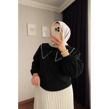 Rfk Butik Kadın Bebe Yaka Incili Etek Üstü Tasarım Gömlek - Siyah