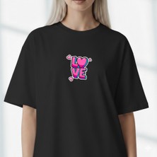 Etoile Studio Unisex %100 Pamuklu Oversize Grafik Baskılı Bisiklet Yaka Tişört Sevgili Kombini Love Pembe