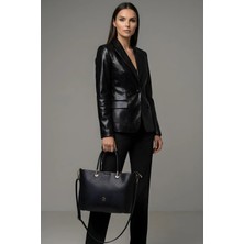 Kadın Siyah Tote Çanta, 3 Bölmeli, Ayarlanabilir Askılı, Orta Boy Omuz Çantası