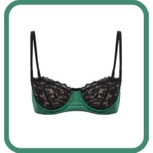 Zarvia Yeşil Siyah Saten Iç Çamaşırı Dantelli Balenli Sütyen