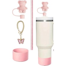 Özbience 4'lü Ayıcık Pipet Kapağı ve Charmlı Silikon Altlık Seti