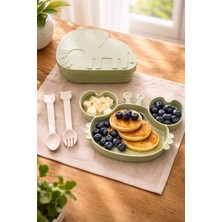 Woodeso Bebek Ek Gıda Seti-Yengeç Bölmeli Mama Tabağı, Çatal, Kaşık, Fil Şekilli Saklama Kabı (4 Parça)