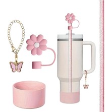 Özbience 4 Adet Renkli Çiçek Pipet Kapağı ve Charm Altlıkli Silikon Koruyucu