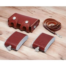 Özbience Paslanmaz Çelik ve Suni Deri Çiftli Viski ve Konyak Matarası