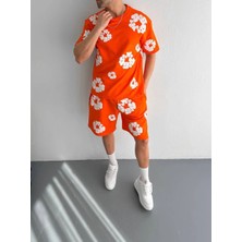 Iki Iplik Kumaş Baskılı T-Shirt Şortlu Takım- Turuncu