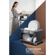 Transformacion 2 Katlı Rattan Dokulu Lüks Bulaşıklık - Kirli Beyaz & Siyah Bulaşık Sepeti 722816