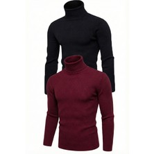 2'li Siyah Bordo Unisex Kaşkorse Boğazlı Full Likralı Fitilli Body Kazak