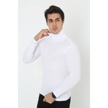 Erkek Kaşkorse Boğazlı Full Likralı Fitilli Body Kazak - Beyaz