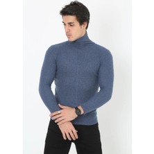 Erkek Kaşkorse Boğazlı Full Likralı Fitilli Body Kazak - Indigo