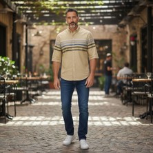 Eren Style Slim Fit Pamuklu Çizgili Pano Desen Kısa Kollu Gömlek (Slim Fit Kalıp)