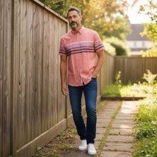 Eren Style Slim Fit Pamuklu Çizgili Pano Desen Kısa Kollu Gömlek (Slim Fit Kalıp)