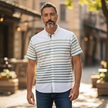 Eren Style Slim Fit Pamuklu Çizgili Pano Desen Kısa Kollu Gömlek (Slim Fit Kalıp)