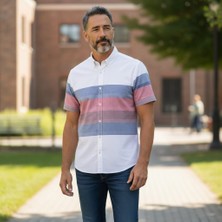 Eren Style Slim Fit Pamuklu Çizgili Pano Desen Kısa Kollu Gömlek (Slim Fit Kalıp)