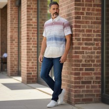 Eren Style Slim Fit Pamuklu Çizgili Pano Desen Kısa Kollu Gömlek (Slim Fit Kalıp)