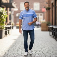 Eren Style Slim Fit Pamuklu Çizgili Pano Desen Kısa Kollu Gömlek (Slim Fit Kalıp)