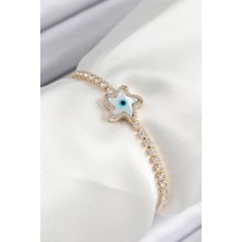 Getittir Pirinç Zirkon Taşlı Nazar Yıldız Model Gold Renk Asansörlü Kadın Bileklik - Lisinya