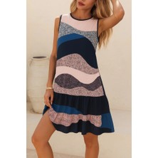 Pazarcan Kadın Kolsuz Sırttan Bağlamalı Fırfırlı Leopar Desenli Dalgıç Elbise