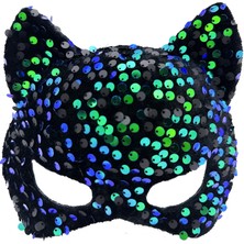 Getittir Siyah Kadife Kumaş Üzerine Mavi Yeşil Payetli Pullu Parti Maskesi 16X14 cm - Lisinya