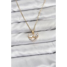 Pazarcan 316L Çelik Zincir Gold Renk Kalp ve Fiyonk Model Zirkon Taşlı Kadın Kolye - TJ-BKO10848
