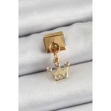 Getittir 316L Çelik Sallantılı Zirkon Taşlı Kraliçe Tacı Model Gold Renk Nomination Charm - Lisinya