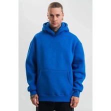 Pazarcan Erkek Saks Double Oversize 3 Iplik Pamuklu Kapüşonlu Kanguru Cepli Sweatshirt Hoodie - Saks Ma
