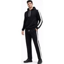 Pazarcan Erkek Şeritli Eşofman Takım Kapüşonlu Sweatshirt Boru Paça Alt, Oversize 3 Iplik Pamuklu - Siyah