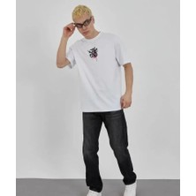 Pazarcan Unisex Bisiklet Yaka Baskılı Oversize T-Shirt - Beyaz