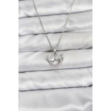 Pazarcan 316L Çelik Zincir Gümüş Renk Kalp ve Fiyonk Model Zirkon Taşlı Kadın Kolye - TJ-BKO10849