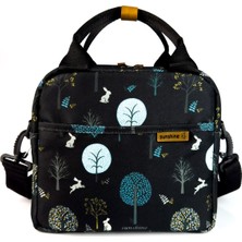 Özbience Siyah Ağaç Desenli Termal Piknik Çantası, Soğuk ve Sıcak Yemekler Için