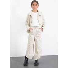 Cansın Mini Krem Çift Düğme Detay Gömlekli Pantolonlu Kız Çocuk Gabardin Takım 23541