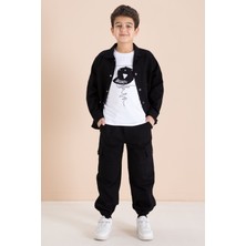 Cansın Mini Siyah Kargo Cepli Jean Ceketli ve Pantolonlu Erkek Çocuk Tişörtlü 3lü Takım  23535