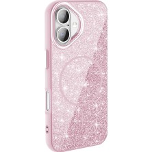 Delixa Için Uyumlu iPhone 16 Kılıf M-Safe Şarj Özellikli Parlayan Simli Okso Kapak Pembe