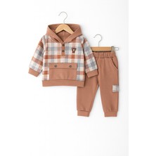 Kapüşonlu Ekose Detaylı Bebek Takımı