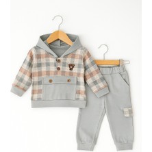 Kapüşonlu Ekose Detaylı Bebek Takımı