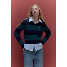 DeFacto Regular Fit Polo Yaka Çizgili Saç Örgülü Kazak G8018AX26SP
