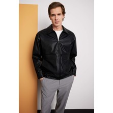 DeFacto Su İtici Slim Fit Cepli Astarlı Fermuarlı Suni Deri Ceket F7744AX26SP