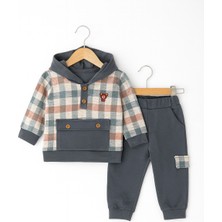 Kapüşonlu Ekose Detaylı Bebek Takımı